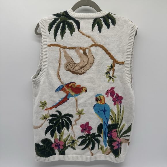 Design Options Sweater Vest Amazon Rainforest Exotic Birds Sloth Sz Large VTG - Picture 2 of 9